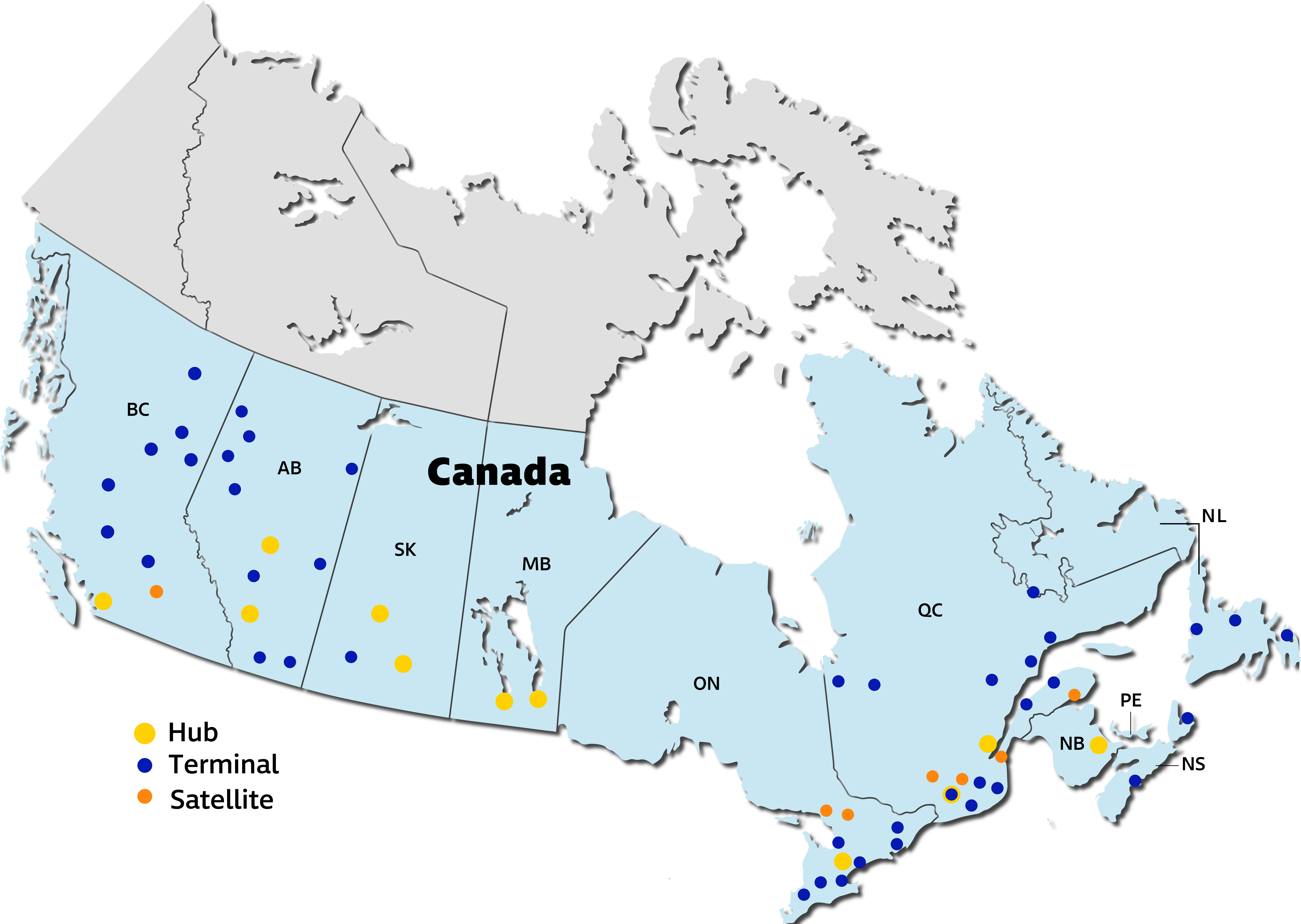 Map of GLS Canada showing Parcel Coverage