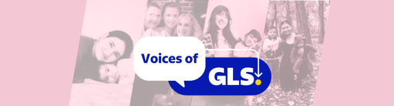 Pink background with images of GLS women at work on which we read 