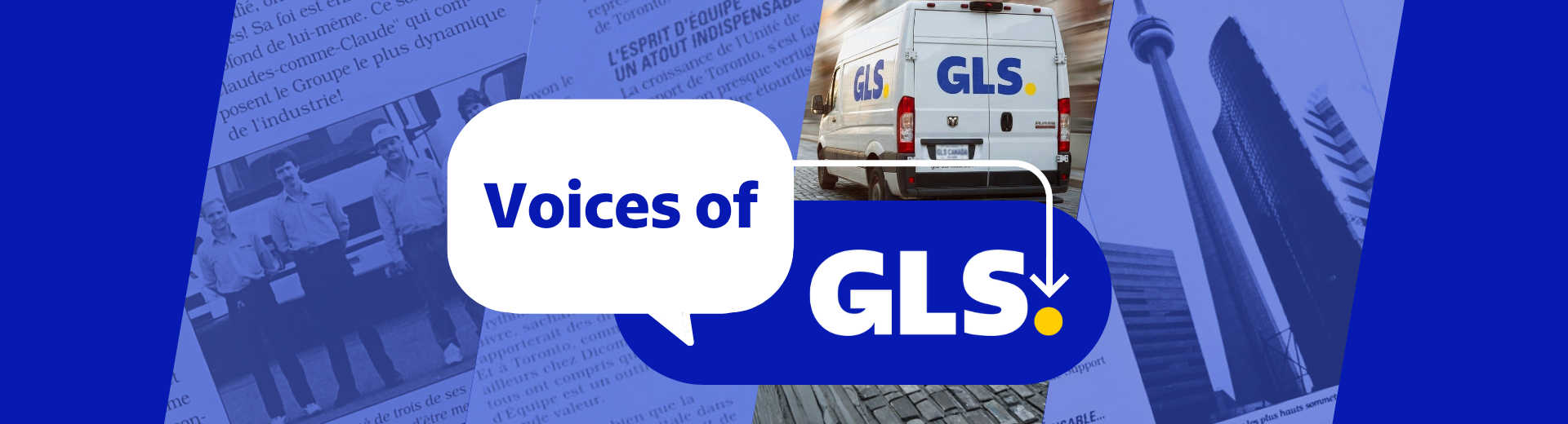 Blue background with images from an old newspaper and a GLS parcel van. 