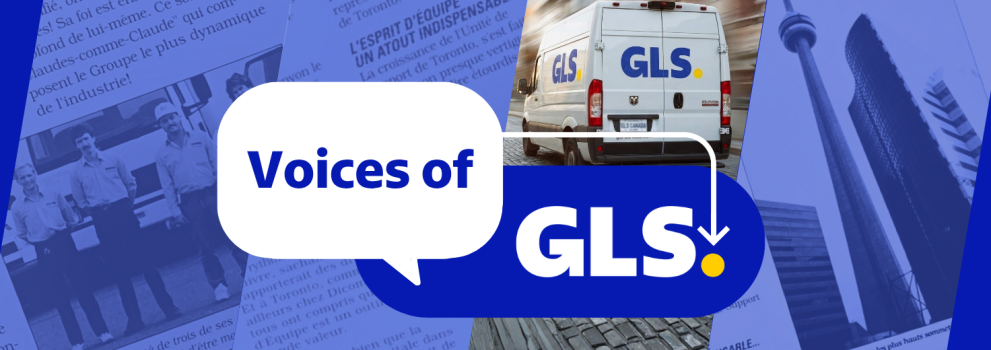 Blue background with images from an old newspaper and a GLS parcel van. 