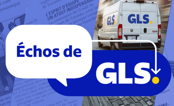 Fond bleu avec des images tirées d’un ancien journal et une camionnette de livraison GLS. Le titre «Échos de GLS » est superposé à l’image.