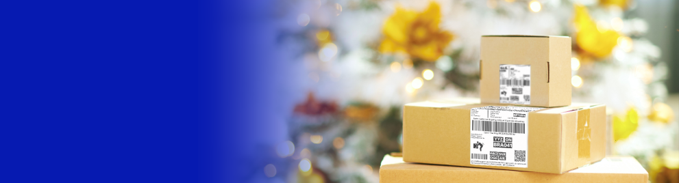 Homme portant une tuque de Père Noël tiens un colis.