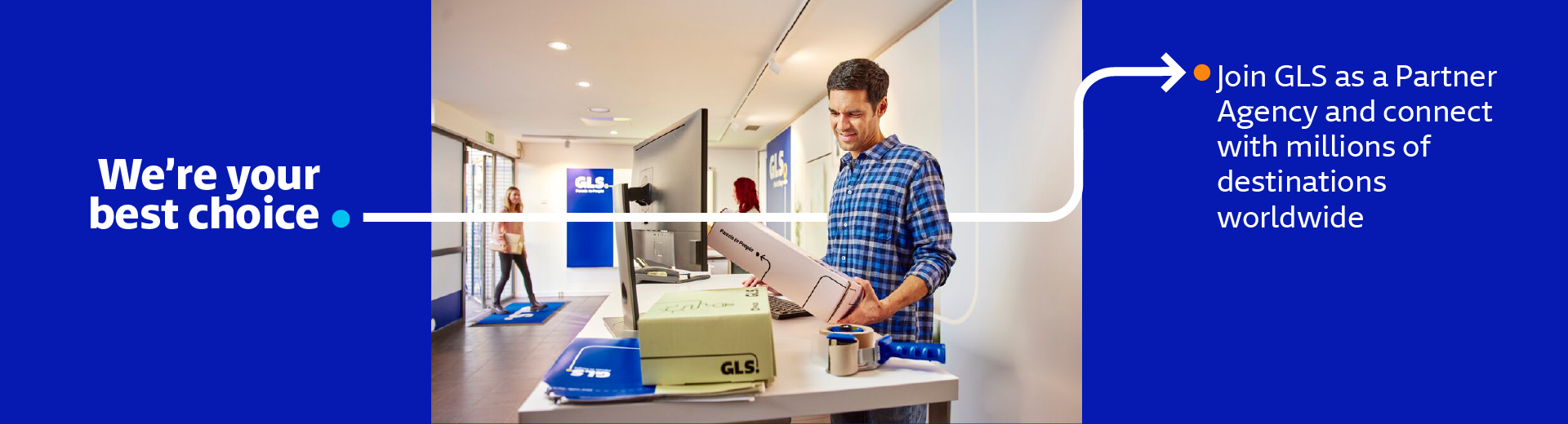 GLS promotional banner showing a Partner Agency preparing a shipment, with the message: 