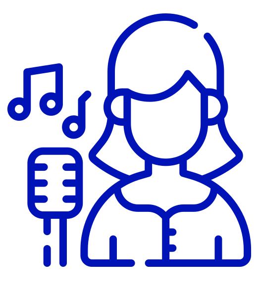 Ilustración de cantante con micrófono y notas musicales, icono de música y voz en estilo lineal azul