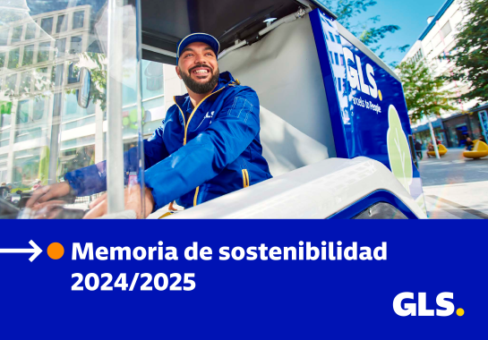 GLS courier driving a sustainable delivery vehicle in the city, image from the 2024/2025 Sustainability Report.”