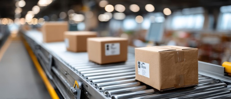 Boxes transported on the conveyor belt, correctly labeled and packaged