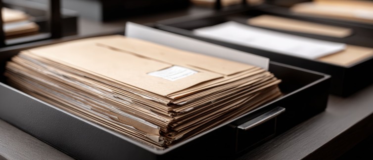 Office filing cabinet drawer with organized document folders, concept of document management and administrative paperwork