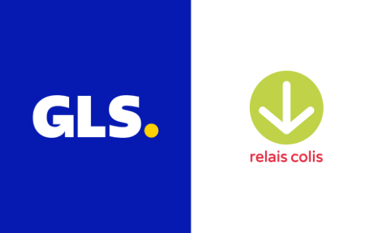 Visuel affichant le logo GLS sur fond bleu et le logo Relais Colis avec une flèche vers le bas sur fond blanc.