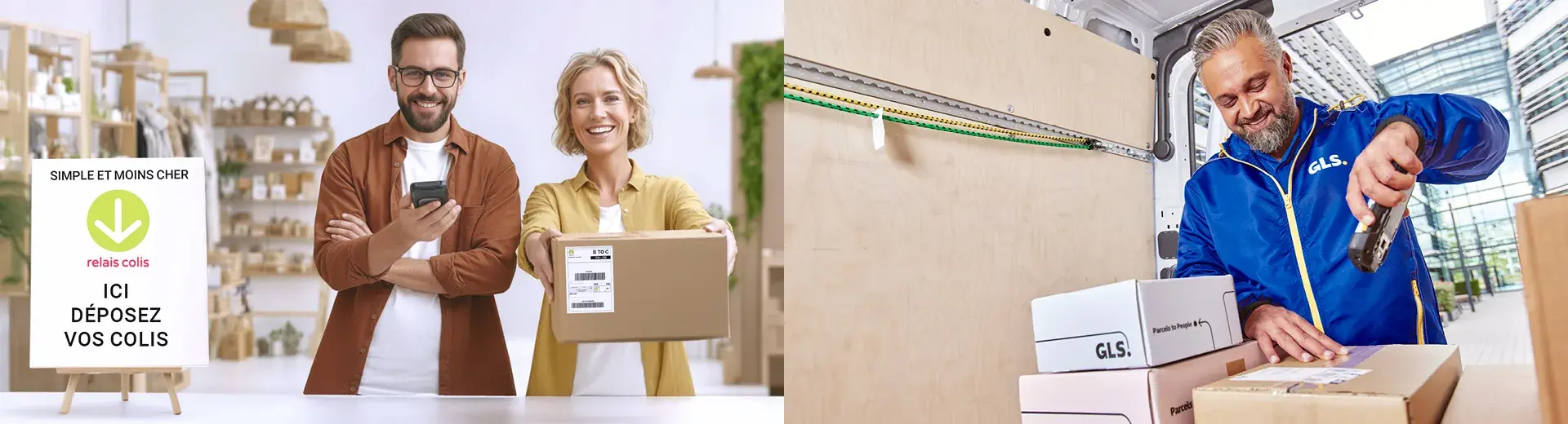 Parcel shop partner dropping off a package with GLS shipping service at a parcel collection and delivery point.
