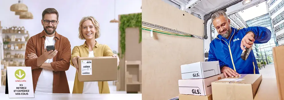 Parcel shop partner dropping off a package with GLS shipping service at a parcel collection and delivery point.
