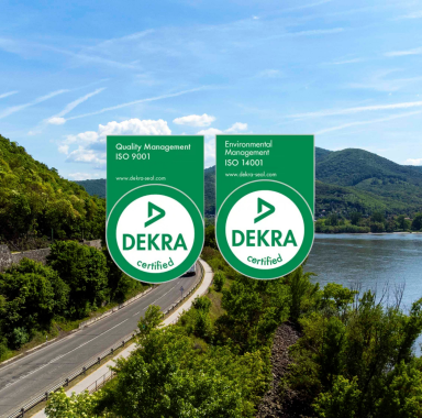 DEKRA certification badges for ISO 9001 quality management and ISO 14001 environmental management.