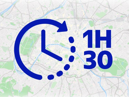 Illustration d’une horloge avec "1H30", indiquant le temps moyen entre la réception du SMS de suivi GLS et la livraison du colis.