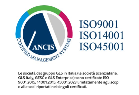 The companies within the GLS Group in Italy (the franchisees, GLS Italy, GESC and GLS Enterprise) are certified to ISO 9001:2015; 14001:2015; 45001:2018, limited to the scope and depots specified in the individual certificates