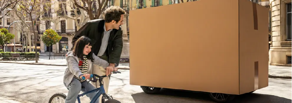 Un père regarde un grand colis alors qu'il était en train d'apprendre à sa fille à rouler à vélo